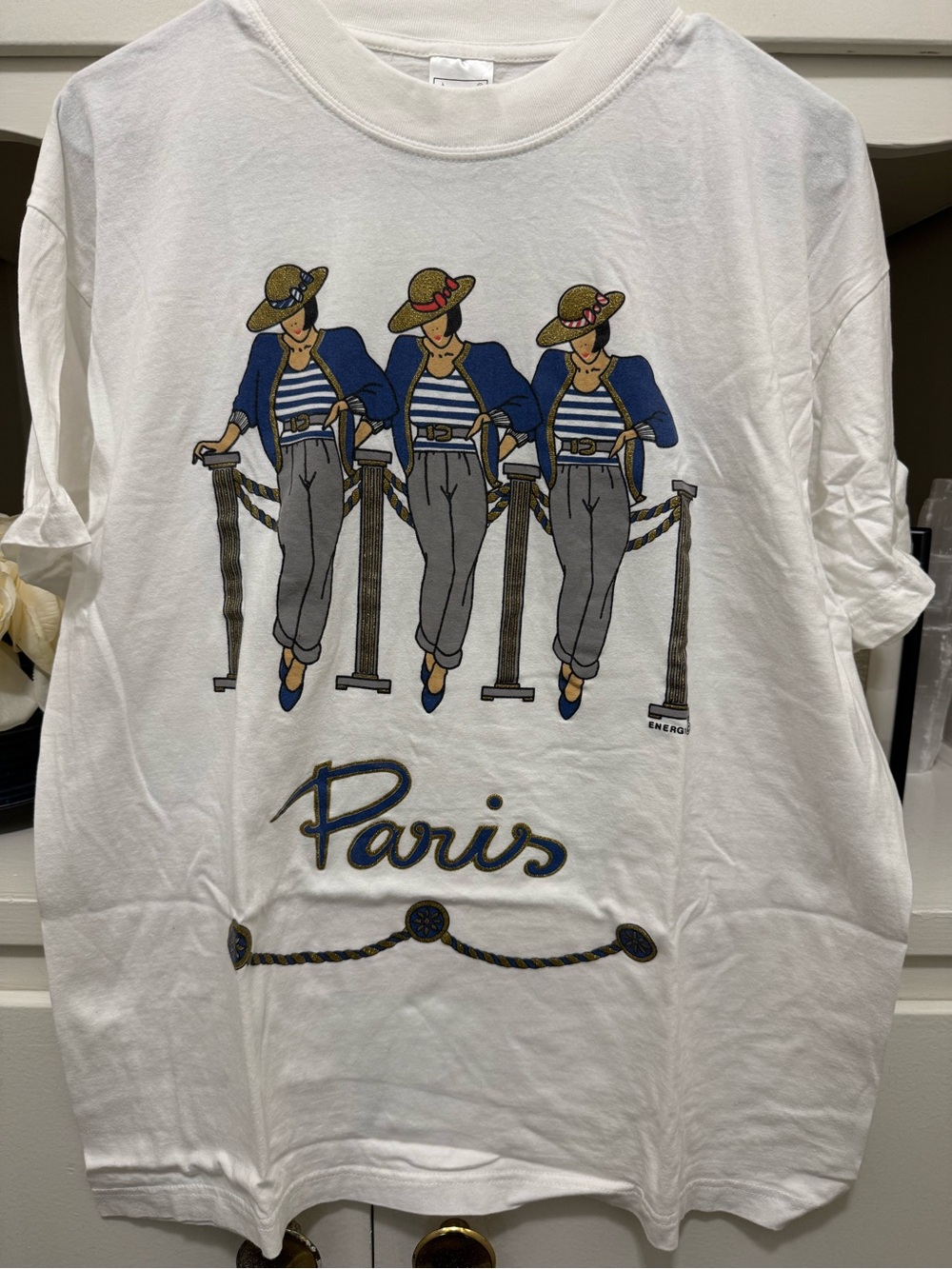 Vintage 90s ENERGY Paris Graphic T-Shirt Women's XL White Glitter Accent